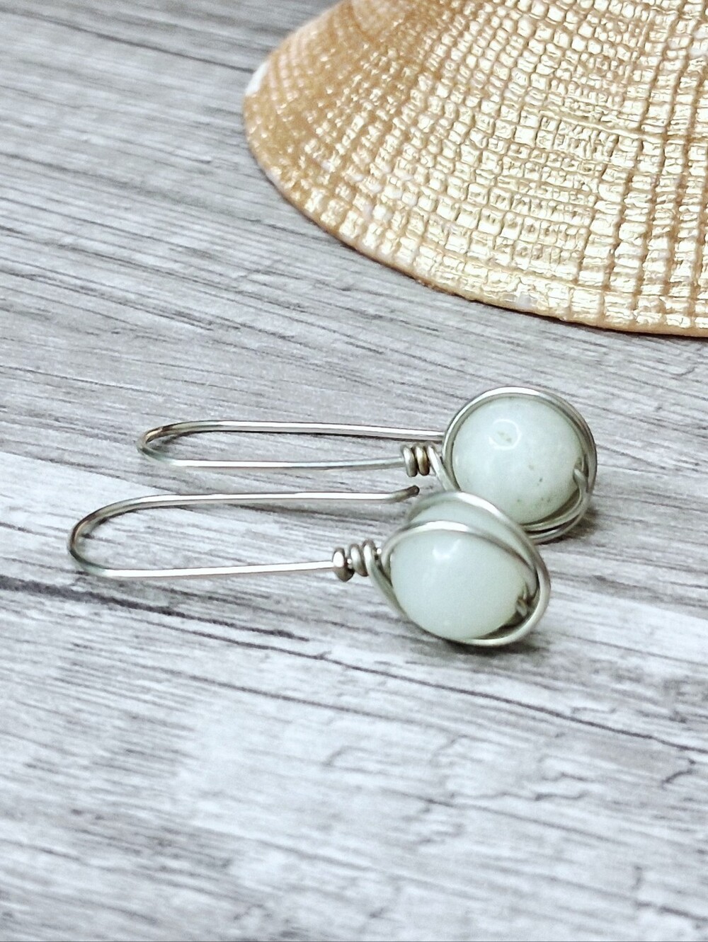 Hammered Wire Wrapped Amazonite Gemstone Dangle Earrings, 1.5"